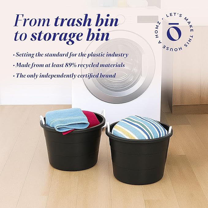 HOMZ 2-Pack Utility Tub, Large Plastic Storage Bucket with Rope Handles, 17 Gallon, Black - Portable Indoor and Outdoor Buckets for Kitchen, Laundry, Garden, Bathroom, and Garage Organization