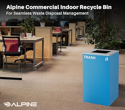 Alpine Industries 29 Gallon Commercial Indoor Recycle Bin with Lid, Blue Metal Container with Optional Lids
