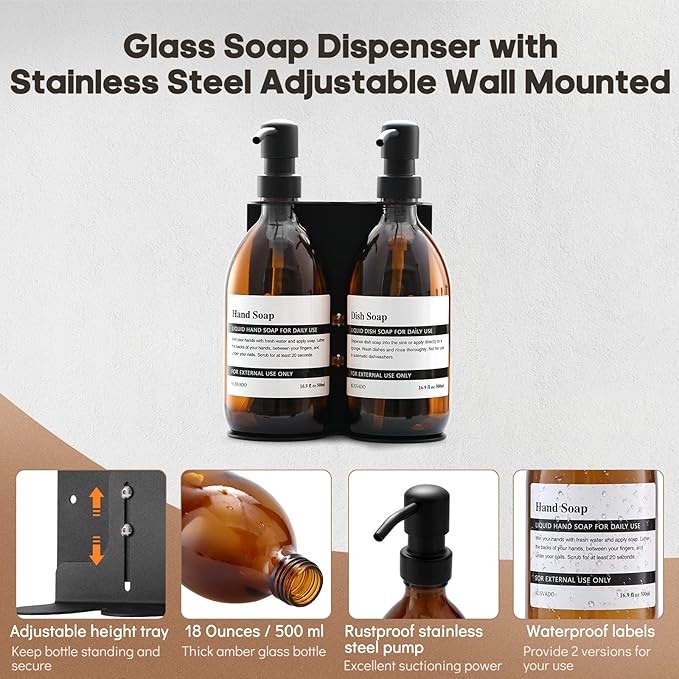 Glass No-Drill Wall Mounted Shower Soap Dispenser, Hand Soap Dispenser with Adjustable Stainless Steel Holder for Bathroom and Kitchen-(Black 1 Chamber, 18 OZ)