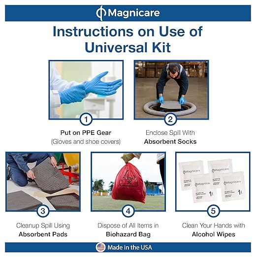Universal Spill Kit OSHA Approved (4 Pack) - Biohazard Clean up Kit for Oil, Water & Chemicals | Absorbent Pads, Socks, PPE, Biohazard Bags in Bright Orange Duffel Bag - 4 Pack