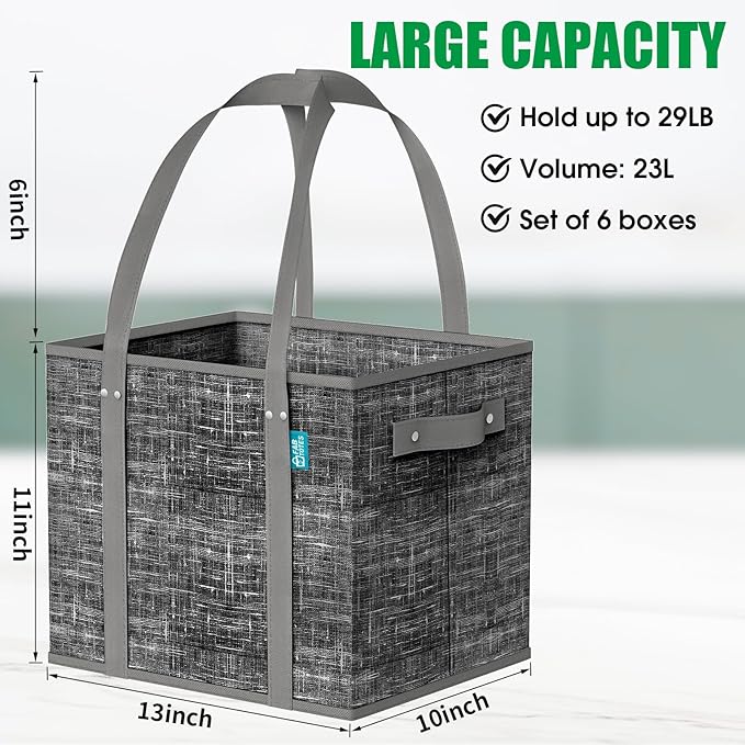 Fab totes Reusable Grocery Bags, Large Foldable Shopping Tote Bags with Reinforced Handles & Hard Bottom,Water Resistant Grocery Bags for kitchen,Picnic,6 Pack, Black