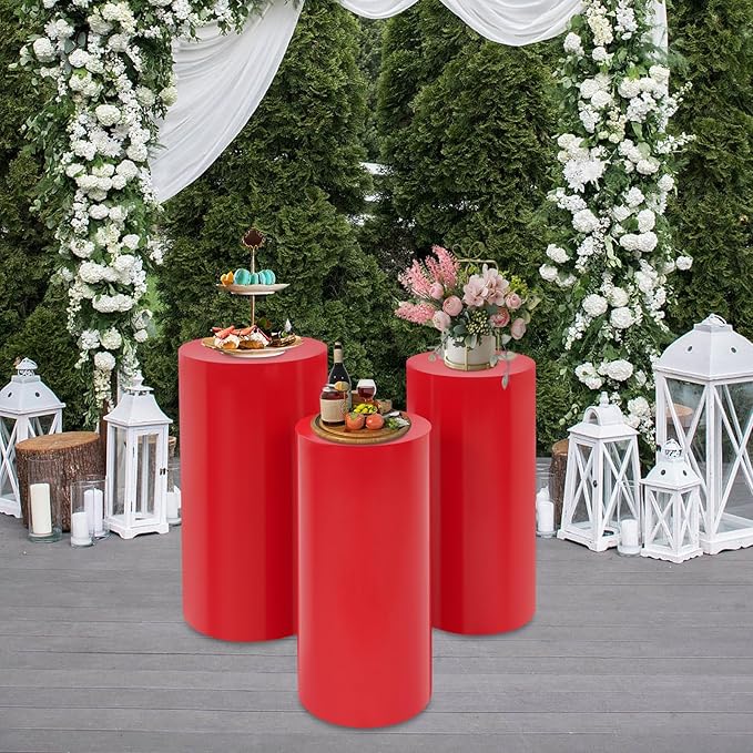 3Pcs Metal Pedestal Stand for Party, Large Red Cake Stand, Pedestal Display Plinth Pillars for Wedding Ceremony Birthday Party Art Decor, Column Decorative Cube for Wedding Dessert Table Display