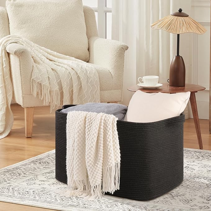 118L Extra Large Blanket Basket, 24.8" x 17.7" x 17.2" Woven Storage Basket for Living Room, Rectangle Nursery Blanket Storage for Toys, Towels, Dirty Clothes (Black)