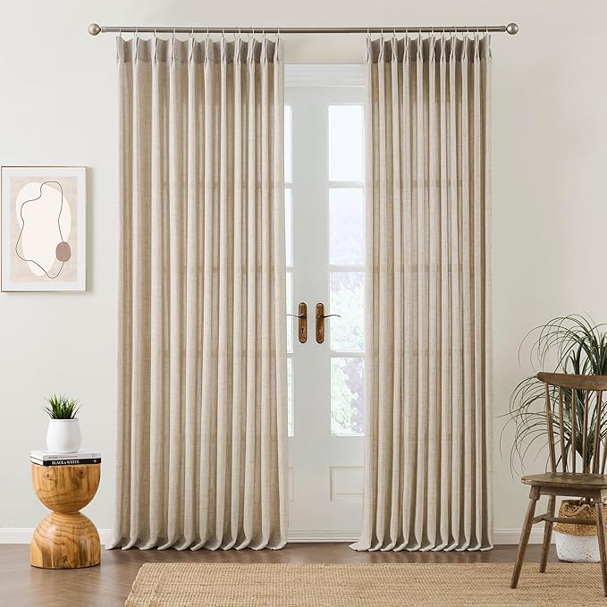 Beige Sheer Pinch Pleated Curtains 108 Inches Long 2 Panels,Back Tab Pleated Drapes Hooks Thick Linen Textured Boho Farmhouse Curtain for Dining Bedroom 70 Inch Wide Each Panel