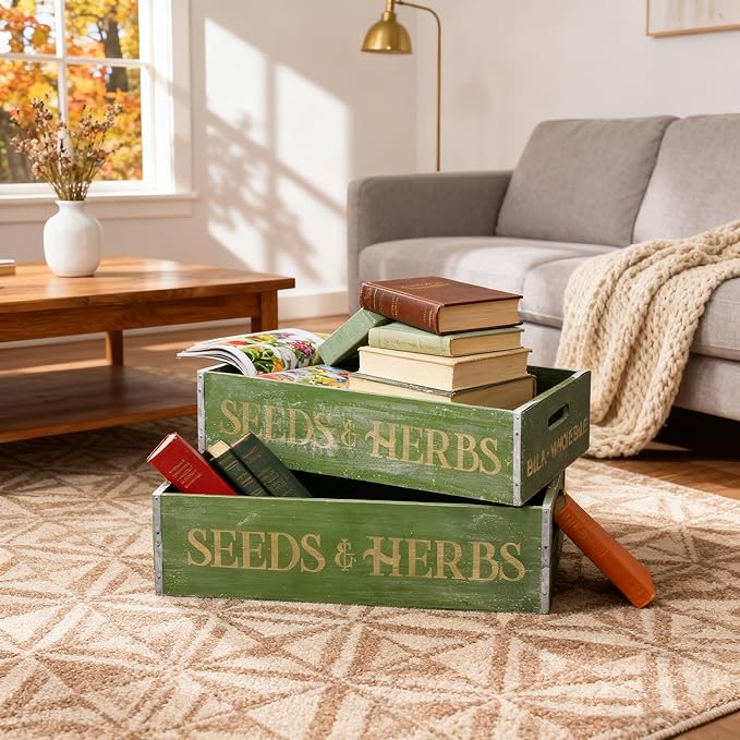 Extra Large Wooden Crate Set of 2 Rustic Wood Storage Crates Farmhouse Nesting Wooden Crate Basket Vintage Home Decorative Boxes with Handles for Display (Green)