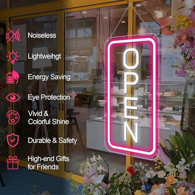 inShareplus 22.8"x 11.8" Open Signs for Business, Super Bright Sign Open, Neon Open Sign with ON/OFF Switch adapter, Electric Light up Sign for Stores, Restaurants Window (Pink&White Vertical)