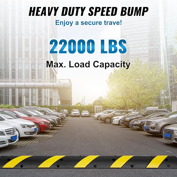 VEVOR 6 ft/72'' Rubber Speed Hump, 2 Channel, 22000 lbs Load Capacity Heavy Duty Traffic Speed Bump, with High Reflective Yellow Strip 4 Expansion Screws and 1 Drill, for Asphalt Concrete Gravel Roads