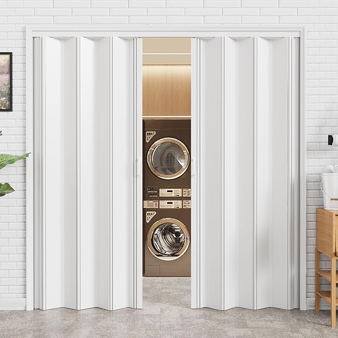 97-120 x 80in (Double 49-60) Enhanced Accordion Doors Interior Folding Door, White PVC Accordion Door with Upgraded Roller & Handle & Complete Hardware, for Closet Bathroom Doorways