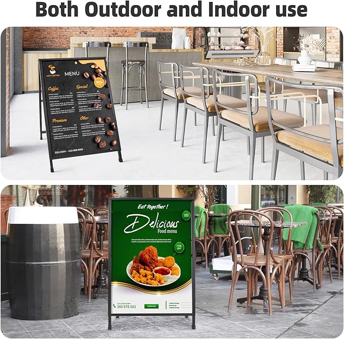 2 Pack Heavy Duty A-Frame Sidewalk Sign 24 x 36 Inch, Portable Double-Sided Sandwich Board Slide-in Folding Metal Signboard with 4 Plastic Poster Boards