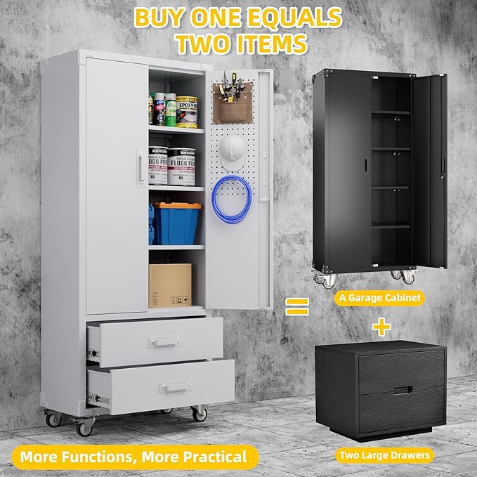 Garage Storage Cabinet with 2 Drawers and Pegboard, Metal Storage Cabinet with 2 Lockable Doors for Garage Home Office,Required Assembly,White,71.2" H*15.2" D*30" W