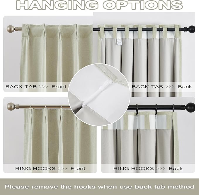 Pinch Pleated Curtains 102 Inch Length for Bedroom Living Room, Linen Boho 100% Blackout Thermal Back Tab Pinch Pleat Viral Drapes with Hooks 2 Panels-Natural Linen, W40xL102