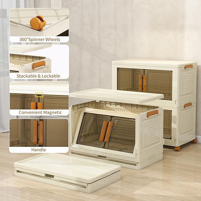 Plastic Stackable Storage Bins with Lids and Wheels, 179.2QT-89.6QT*2Tier Foldable Closet Organizers and Containers, Collapsible Clear Drawer Storage Cabinet with Doors Ivory White