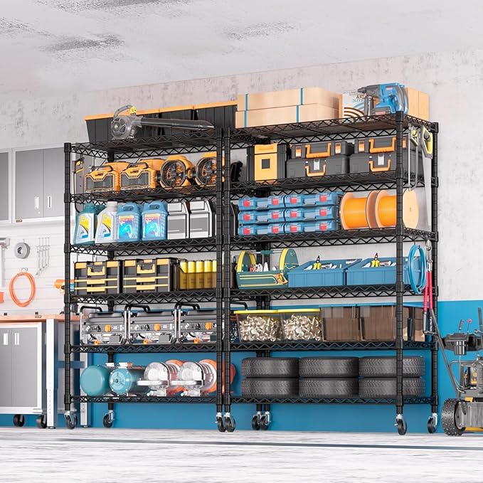 PrimeZone 6 Tier Wire Shelving with Wheels 79''H 1500lbs Storage Shelves NSF Certified Heavy Duty Steel Metal Shelf Adjustable Rolling Rack Kitchen Garage Closet Pantry Laundry 79''HX36''WX16''D 2Pcs