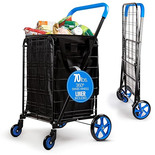 SereneLife Small Compact Folding Shopping Cart with Removable Waterproof Liner – 360° Swivel Wheels, Rust‑Proof Steel Frame, 70 lb Capacity – Portable Grocery, Laundry & Travel Cart (Blue)