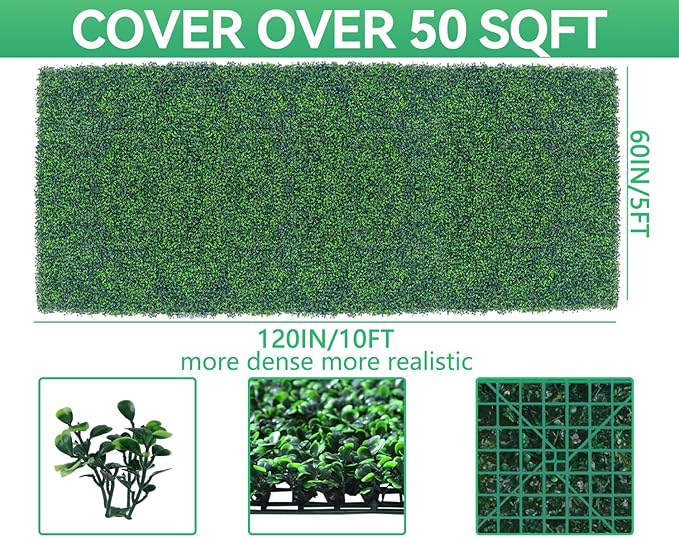 Artificial Boxwood Roll Panels,60"x 120"(50 sq.ft) UV-Anti Faux Ivy Leaves Privacy Fence Screen Grass Wall Roll Panels for Indoor Home Decor and Outdoor Garden Backyard