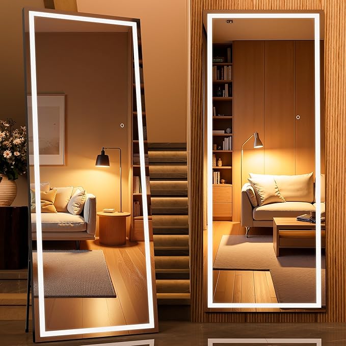 Full Length Mirror with Lights, 71" x 28" LED Lighted Floor Standing Body Mirror, Dimmable & 3 Color Lighting for Bedroom, Cloakroom, Dressing Room, Tempered Glass, Square Black