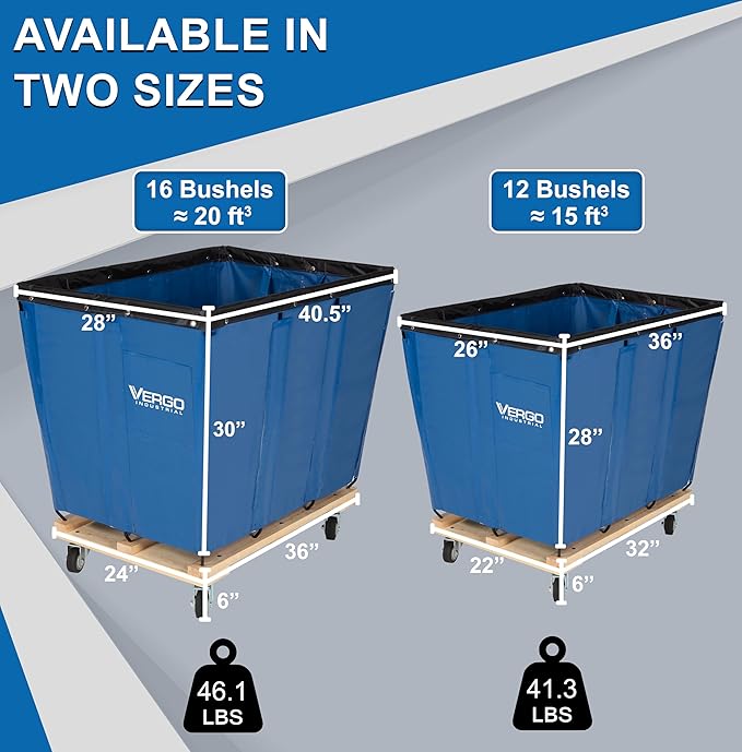 Vergo Industrial Basket Trucks (16 Bushels) 600 lbs Capacity - Heavy Duty Rip-Stop Vinyl Commercial Laundry Cart with Wheels - 20 Cubic Feet - Service Cart for Laundry, Trash and Heavy Materials