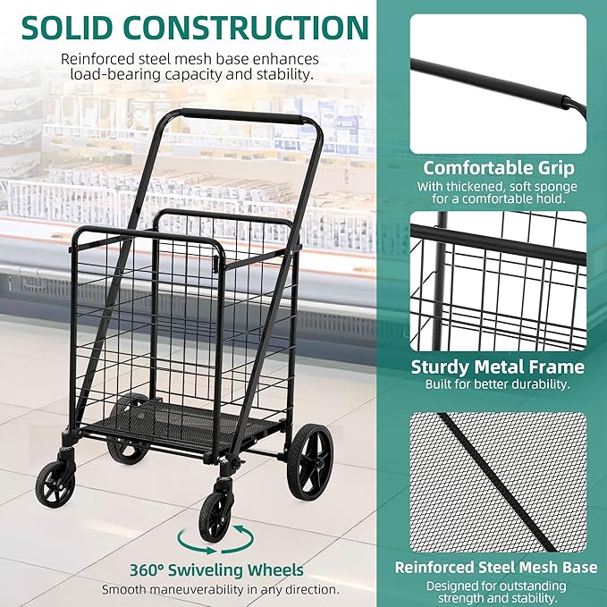 YITAHOME Folding Shopping Cart with Wheels, Large Rolling Grocery Cart, Reinforced Mesh Bottom, Foldable Utility Cart for Groceries, Laundry & Storage (Portable, Collapsible, Sturdy)
