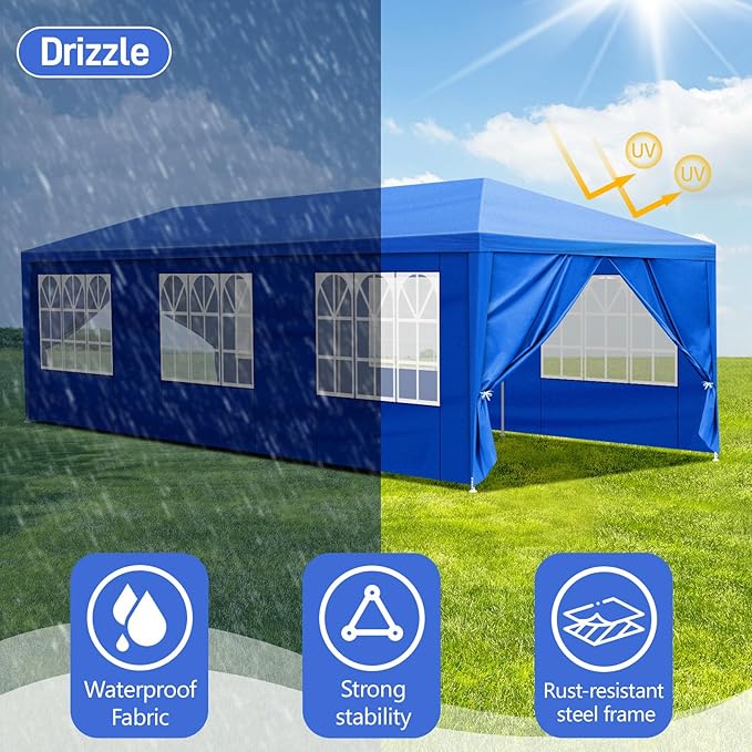 10x30 FT Party Tent, Outdoor Wedding Tents for Parties, Canopy Event Tent with 8 Removable Sidewalls, Waterproof Gazebo Shelter for Birthday Parties, Weddings, BBQs & Events (10X30FT-8Sides Blue)