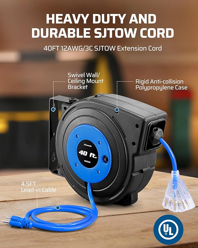 DEWENWILS Heavy Duty Cord Reel, 40FT Retractable Extension Power Cord, 12AWG/3C SJTOW, 3-Lighted Triple Outlets, 15A Circuit Breaker, Wall/Ceiling Mounted, Adjustable Stopper UL Listed, Blue