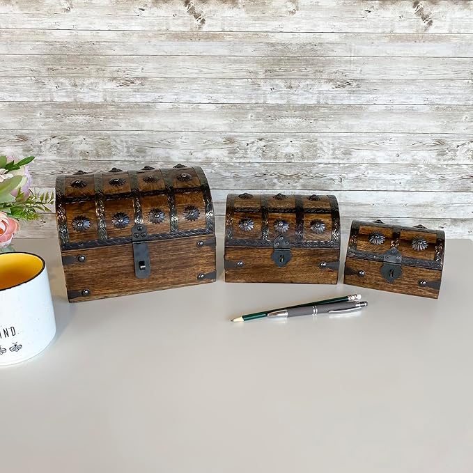 Nautical Cove Treasure Chest Keepsake and Decorative Wood Box (Large 8x6x6) - Storage Box, Wooden Box with Hinged Lid, Rustic Storage, Pirate Storage Box, Vintage Wooden Chest