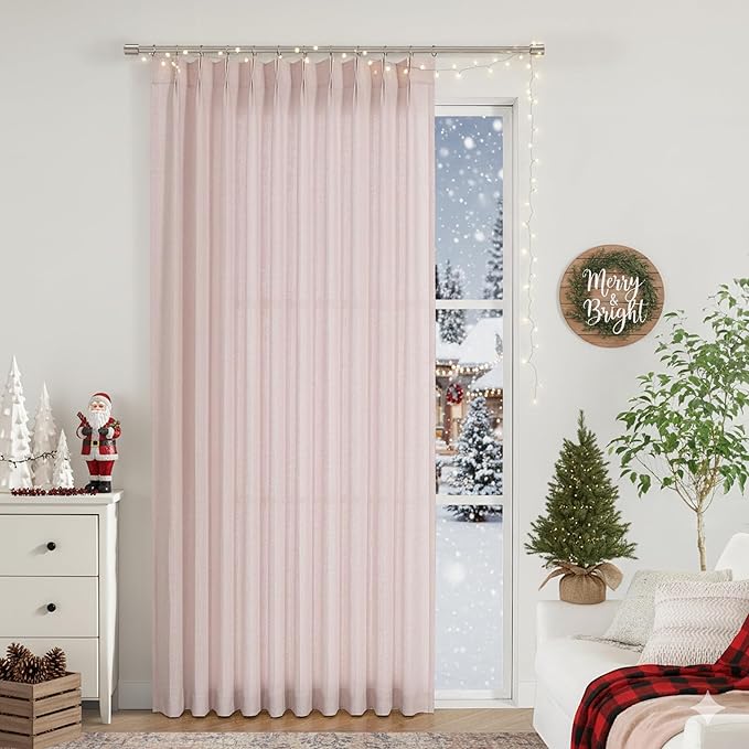 Vision Home Light Pink Pinch Pleated Semi Sheer Curtains Textured Linen Blended Light Filtering Window Curtains 84 inch for Living Room Bedroom Patio Pinch Pleat Drapes with Hooks 1 Panel 60" Wx84 L