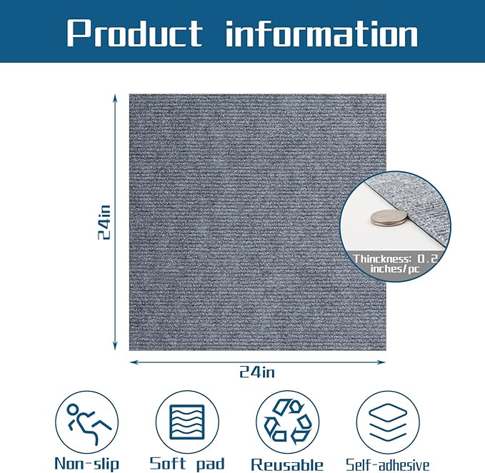 Peel and Stick Carpet Squares 24" x 24", Self Adhesive Non-Slip Carpet Tiles, Peel and Stick Soft Padded Carpet Tiles for Kitchen Bedrooms Indoor Outdoor(10 Tiles/40 sq ft)