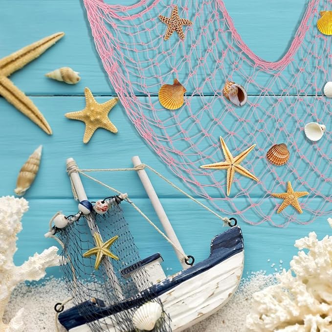 ZUEXT Fishing Nets Light Pink/Beige 80x40 Inch, 2PCS Picture Fish Netting Decor, Cotton Mermaid Net for Hawaiian Nautical Beach Party, Fishnet Photo Display, Sea Themed FishNet Decor Balloon Net