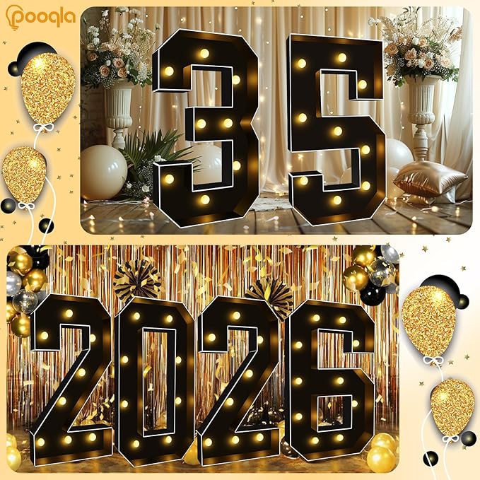 Pooqla 3FT Marquee Light Up Numbers, Black Lighted Party Decor for her him Women Men, Giant Mosaic Light Up Numbers for 2nd 12th 21st Birthday Anniversary Decoration, Number 2
