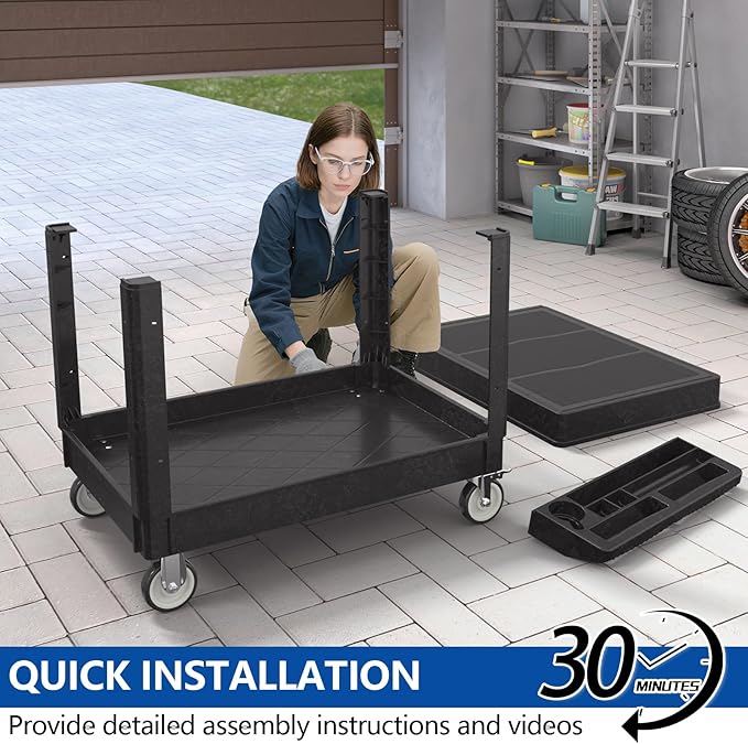 550LBS Utility Cart, Flat top 46x25 Inch Utility Cart with Wheels,Heavy Duty Service Cart-Lipped Shelves,Ergonomic Storage Handle and Swivel Wheels for Warehouse, Garage, Cleaning,Black