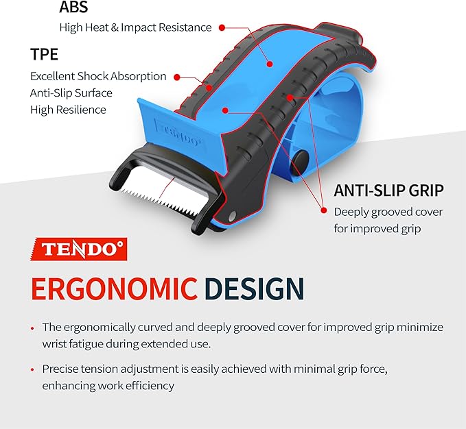 Heavy Duty Shipping Tape Dispenser: TENDO° Premium Line – Reusable, Replaceable, Eco-Friendly 2’’ Master Piece Dispenser for Pros with Patented 10° Sloped Chromium Blades - P-2200 (4th Gen.)_SkyBlue