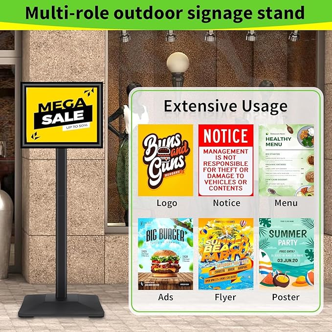 Heavy Duty Adjustable Pedestal Poster Sign Stand, 11x17 Aluminum Open Floor Standing Sign Holder for Vertical and Horizontal View Display, Black