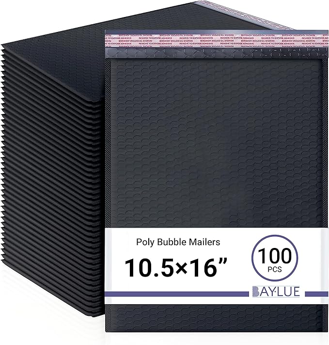 Black 10.5x16 Inch Large Poly Bubble Mailers #5 | Padded Envelopes with Self Seal | Air Lined Cushioned Bubble Mailer | Usable Size 10.5x15 | 100 Pack Bulk | Lightweight shipping Bags