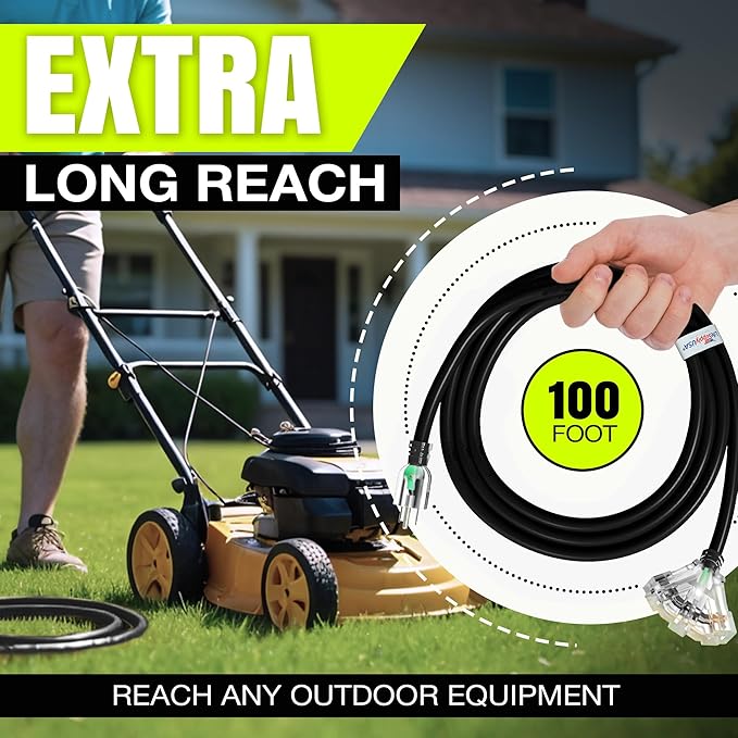 100ft Outdoor/Indoor Extension Cord 3-Outlet 12/3 Gauge Extra Heavy Duty ETL Listed, 3 Prong SJTW, Waterproof, Flexible Cold-Resistant Long Power Cord,15A 125V 1875W, Black by LifeSupplyUSA