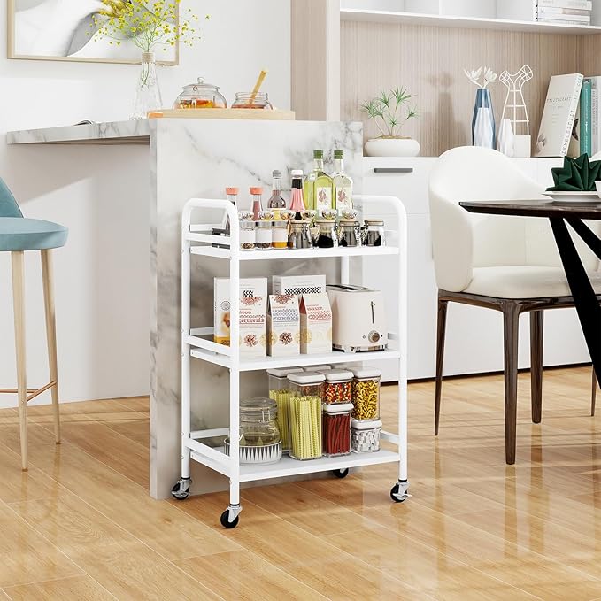 HDANI 3 Tier Rolling Cart Shelves,Heavy Duty Multifunctional Metal Frame-Supports 22 Lbs Per Tier,Rolling Cart with 2 Lockable Wheels for Home, Office,Kitchen,Bathroom,Bedroom,White