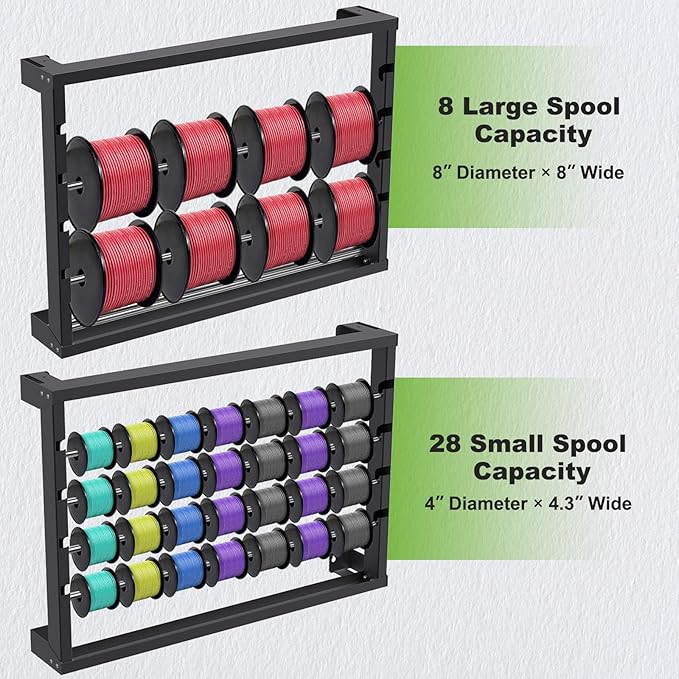 SELEWARE Heavy Duty Wall-Mounted Wire Spool Rack – Cable Reel Holder and Dispenser with 4 Adjustable Stainless Steel Rods for Industrial, Electrical, and Retail Storage and Display (Black)