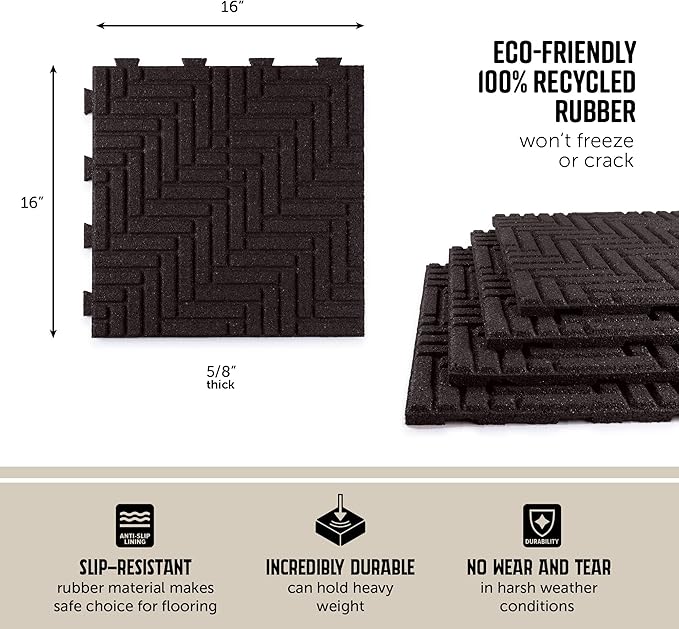 Playsafer Herringbone Rubber Interlocking Tiles | 16 X 16 | Easy Install for Indoor and Outdoor Use (Brown, 4 Tiles)