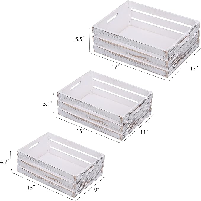 Large Size Wood Crates For Storage,Decorative Vintage White Wooden Crates For Display,Handmade Solid Wood Boxes,Set Of 3 Rustic White Wooden Crate. (vintage white)