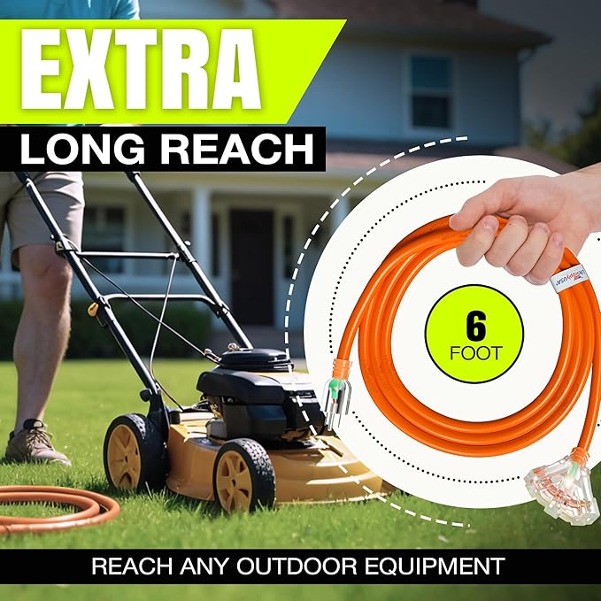 6ft Outdoor/Indoor Extension Cord 3-Outlet 12/3 Gauge Extra Heavy Duty ETL Listed, 3 Prong SJTW, Waterproof, Flexible Cold-Resistant Long Power Cord,15A 125V 1875W, Orange by LifeSupplyUSA