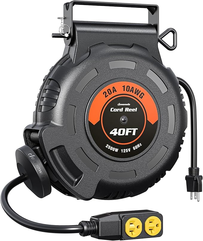 DEWENWILS Retractable Extension Cord Reel, 40FT 10AWG/3C SJTW Heavy Duty Power Cord, 4 Grounded Outlets, 20 Amp Circuit Breaker, 2500W, 180° Swivel Bracket for Ceiling/Wall Mount, ETL Listed