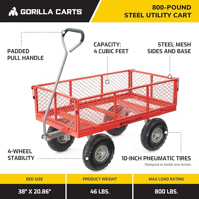 Gorilla Carts Steel Utility Cart, 4 Cu Ft Bed, 800 lb Load Capacity, Red – Heavy-Duty Outdoor Hauling Wagon with Removable Side Panels for Yard, Lawn, Garden or Landscaping