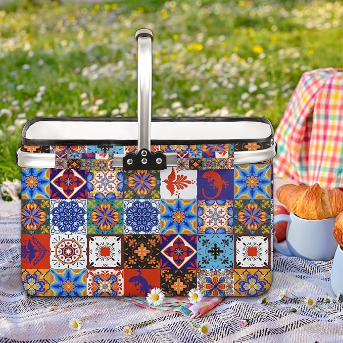 Boho Collapsible Market Basket, Mexican Talavera Tile Leakproof Folding Collapsible Portable Picnic Basket Strong Aluminum Frame for Travel, Shopping, Camping & Lake Trips
