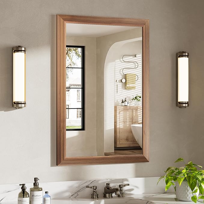 24x36 Inch Bathroom Mirror for Wall, Anti-Rust Walnut Wood Grain Metal Framed Bathroom Mirrors for Over Sink,Rectangler Mirrors for Bathroom Vanity, Farmhouse, Bedroom, Living Room, Entryway Decor