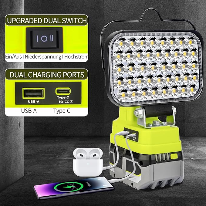 Work Light for Ryobi 18V Battery,84W 8000LM Portable Cordless Floodlight with USB&Type C Charging Port for Emergency Lighting,LED Spotlight for Camping,Fishing,Workshop