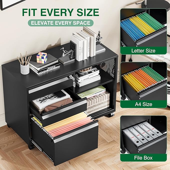 3 Drawer File Cabinet with Lock,Mobile Lateral Filing Cabinet,Metal Printer Stand Storage Cabinets with Shelves for Home Office(Black)