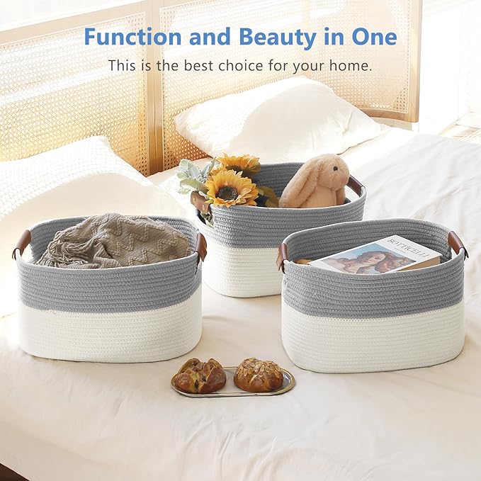 Cotton Rope Storage Baskets,15x10x9 in,Foldable Storage Bins, Decorative Woven Basket Cube Storage Organizer for Laundry, Towel, Clothes (White/Grey-3Pack, 15x10x9 inches)
