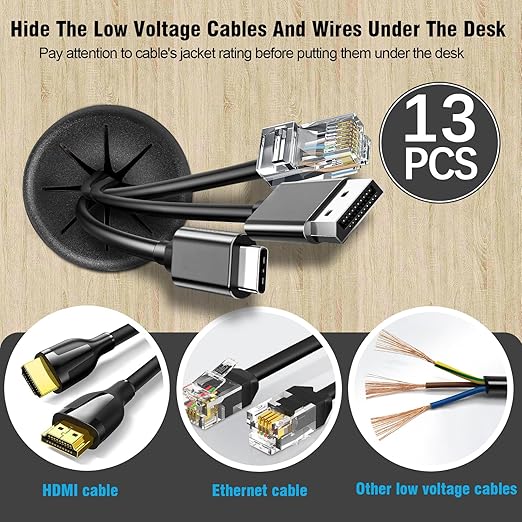 2-3/8" Black Desk Grommet, JTemgle Flexible Cable Grommet with Bi-Metal Hole Saw Rubber Cable Hole Cover Wire Organizer Caps Desktop Cord Management for Home Office TV Stands Tabletops, 13 Pieces