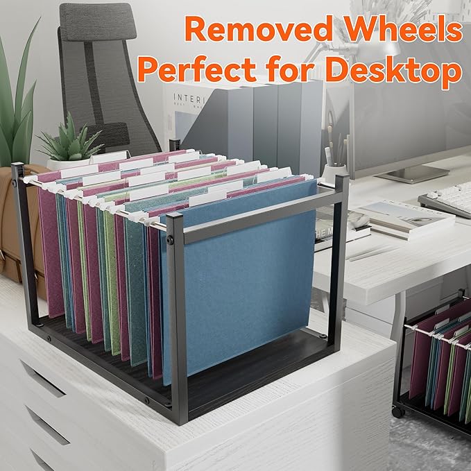 Aquzee Rolling File Cart, Hanging File Folder Organizer, File Storage Under Desk for Home Office, Wooden File Holder Fits for Letter Size, Black
