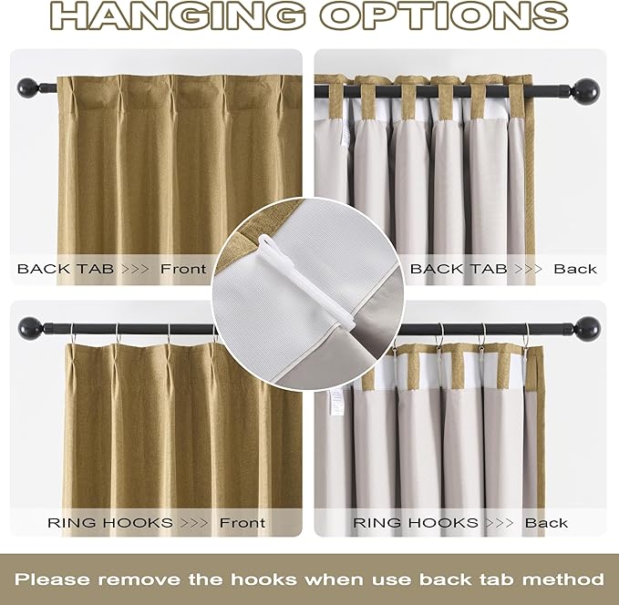 DUALIFE Gold Tan Pinch Pleated Blackout Curtains 138 Inches Long, Back Tab with Hooks, Linen Full Black Out Thermal Insulated Track Curtain for Bedroom Living Room,40 W x 138 L, 2 Panels