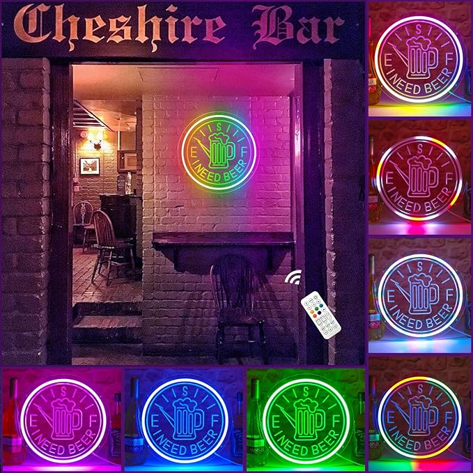 I Need Beer Neon Sign, 7 RGB Neon Bar Signs for Home Bar, Handmade Personalized Bar Signs, Durable Beer Signs for Man Cave, Whiskey Bar Led Sign For Party Club Dad Gift Business
